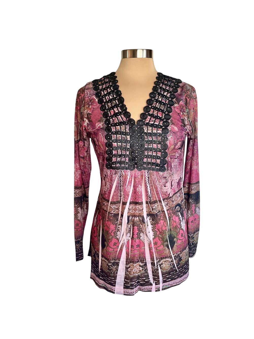 World‎ Unity Burgundy Print Top Black Lace MEDIUM Whimsygoth Dark Fairy Y2K Boho